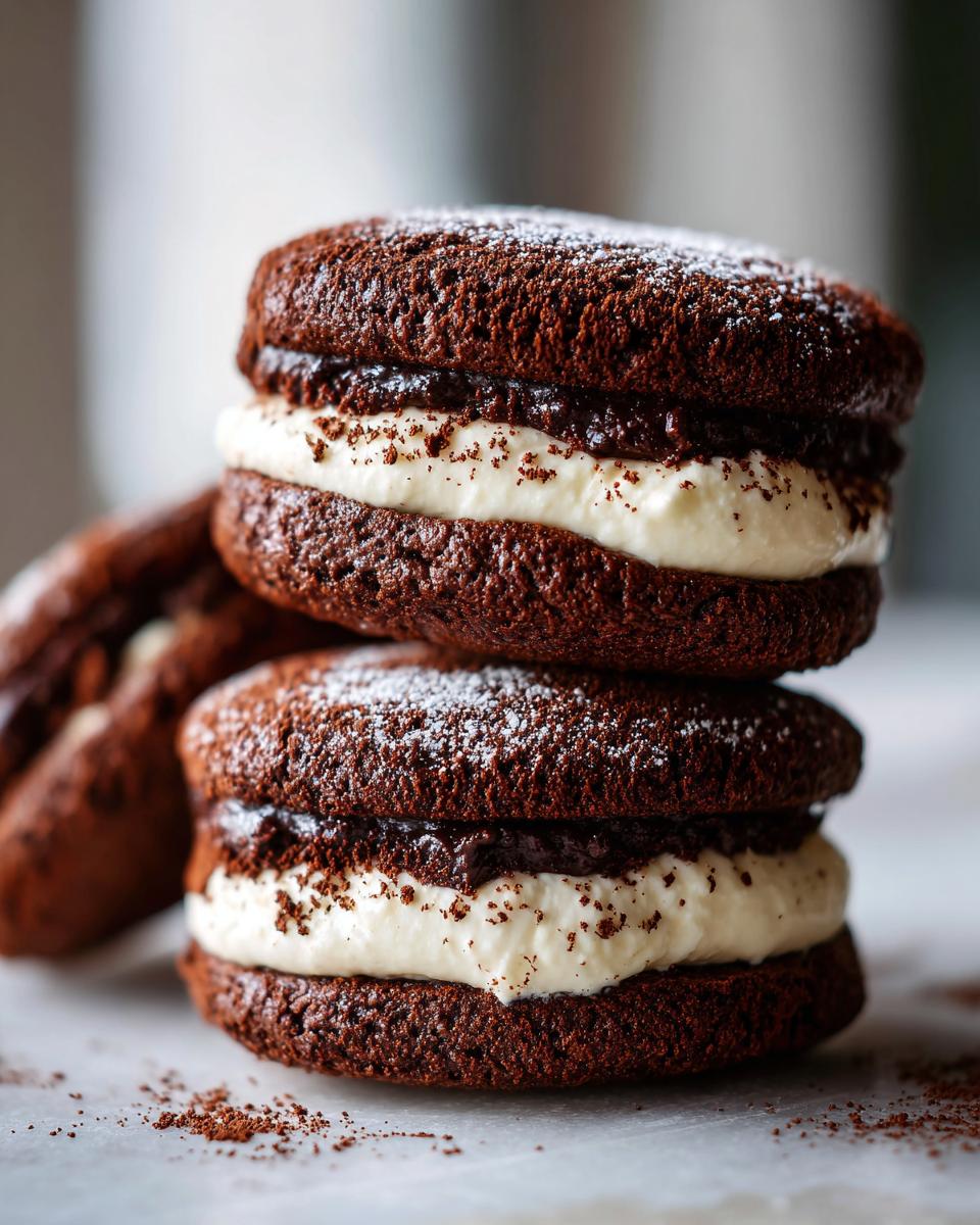 Two stacked chocolate tiramisu cookies filled with white cream and dusted with powdered sugar and cocoa.