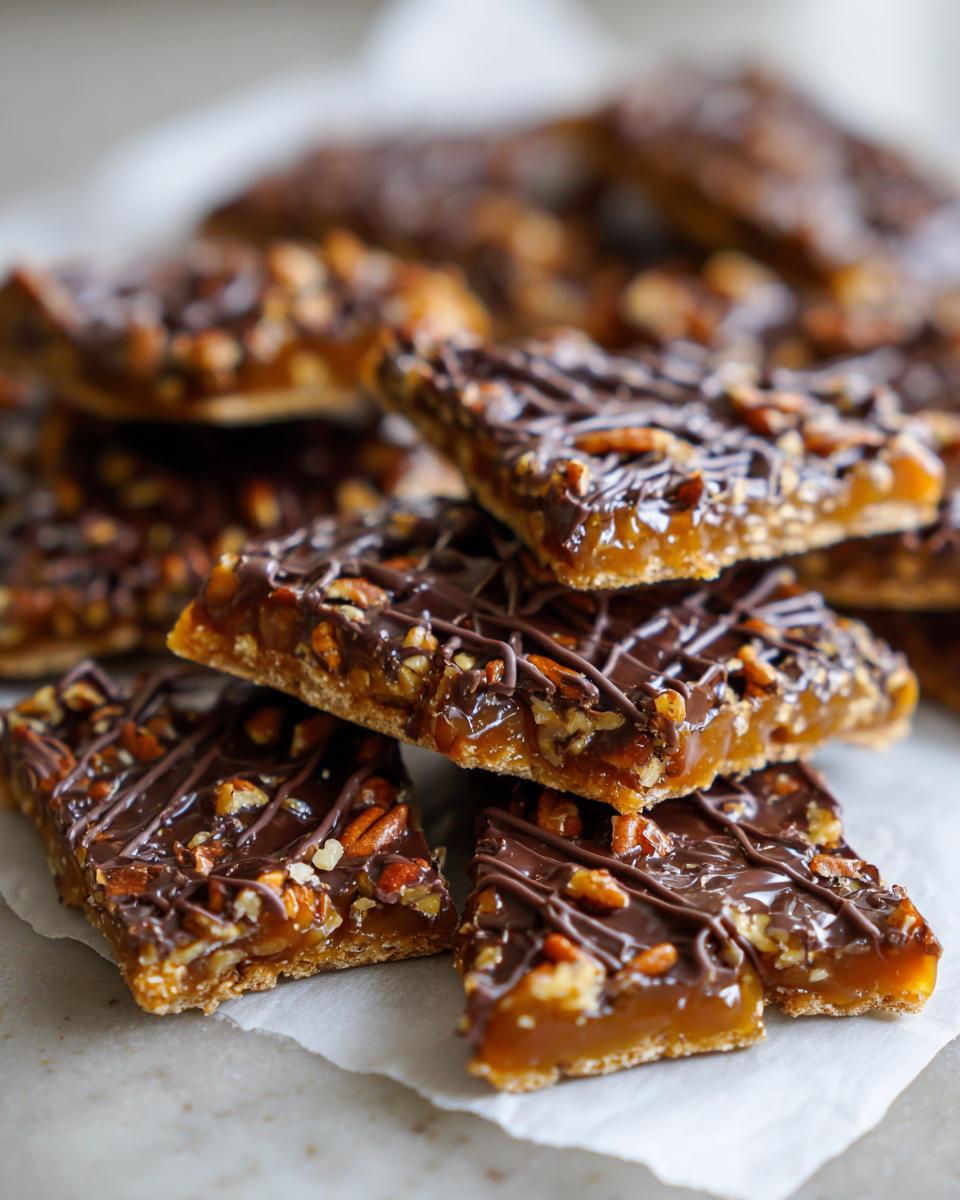 Close-up of stacked, gooey squares of Pecan Pie Bark topped with pecans and drizzled chocolate.