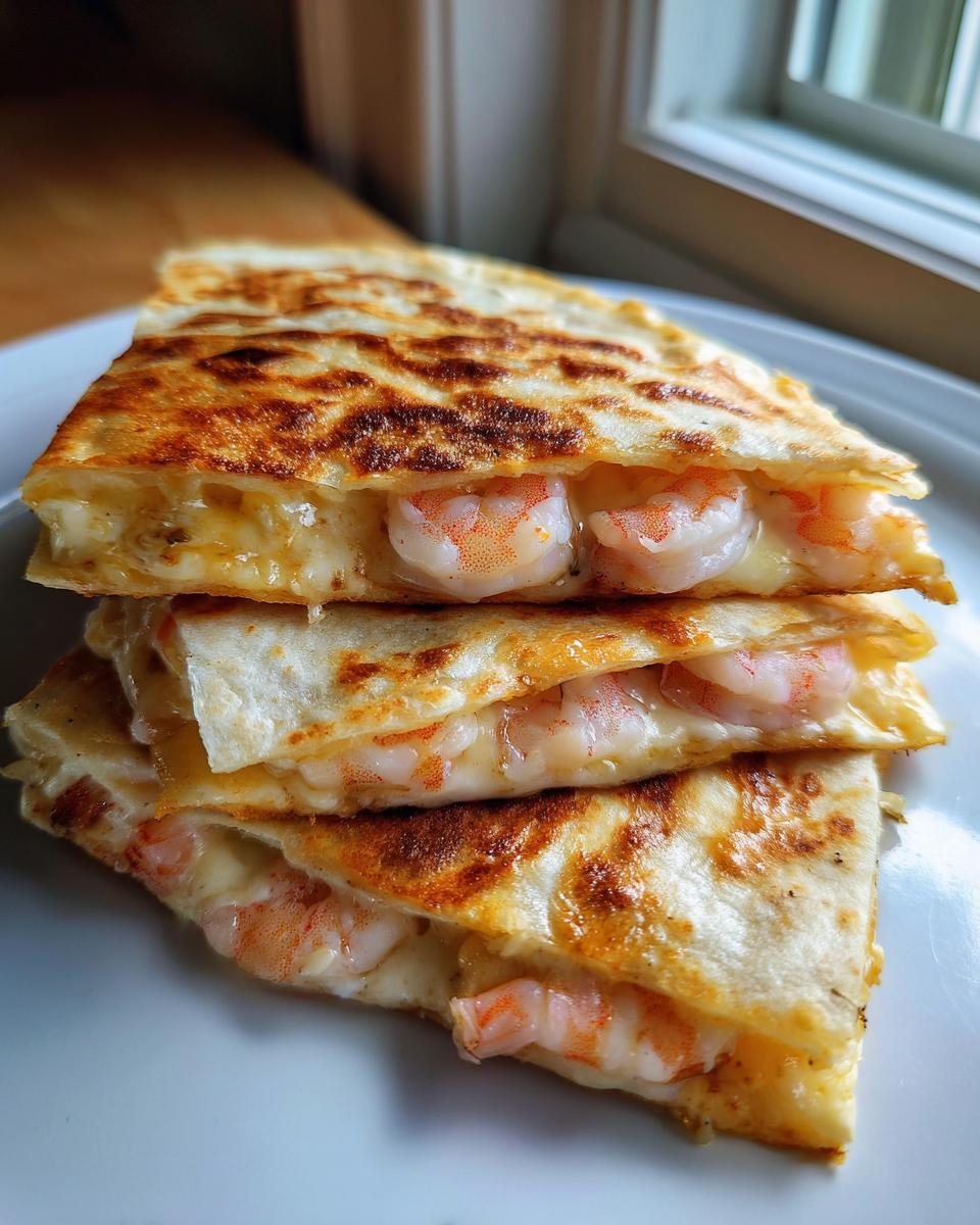 Three stacked, golden-brown wedges of shrimp quesadilla showing melted cheese and plump pink shrimp filling.