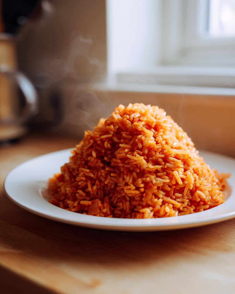 A perfectly mounded serving of hot, steaming jollof rice on a white plate resting on a wooden surface.