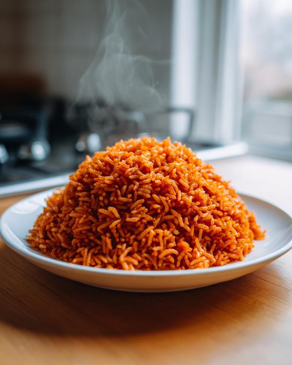 A mound of steaming hot, vibrant orange jollof rice served on a white plate, ready to eat.