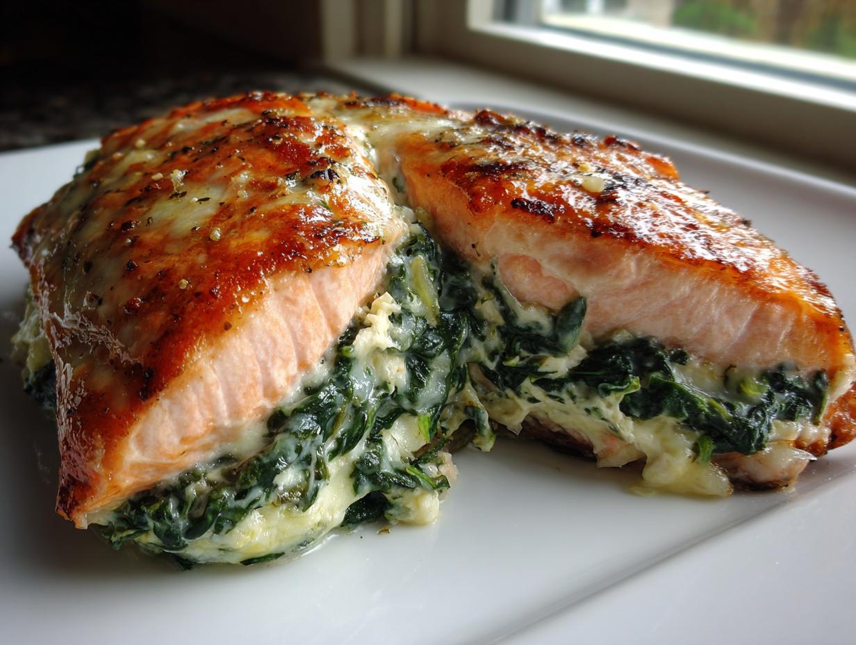 A close-up of a perfectly cooked stuffed salmon fillet, split open to show the creamy spinach filling inside.