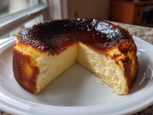 A whole basque cheesecake with a slice removed, showing the creamy interior and signature dark, caramelized top.