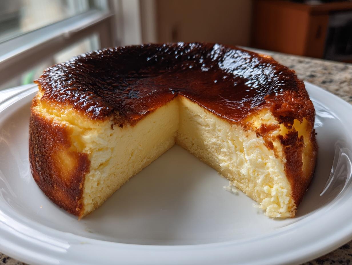A whole basque cheesecake with a slice removed, showing the creamy interior and signature dark, caramelized top.