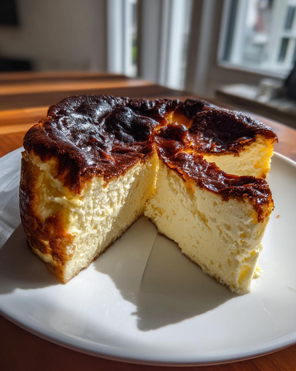 A whole basque cheesecake, sliced to show the creamy interior and signature dark, caramelized top.