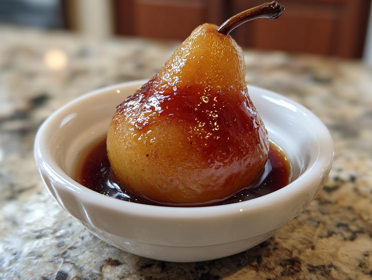 A single, glistening poached pear served in a small white bowl with dark syrup.