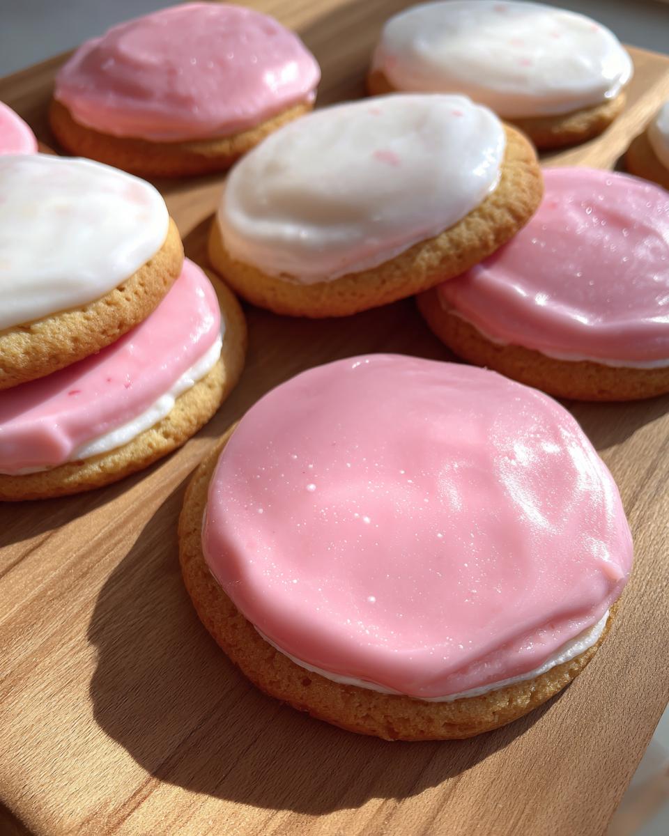 Close-up of several round sugar cookies topped with glossy pink and white hardened sugar cookie icing recipe.
