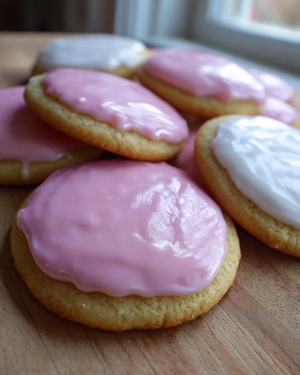 Close-up of several sugar cookies topped with glossy pink and white hardened sugar cookie icing recipe.