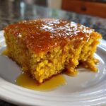 Close-up of a square slice of moist, orange sweet potato cornbread topped with a shiny honey or syrup glaze.