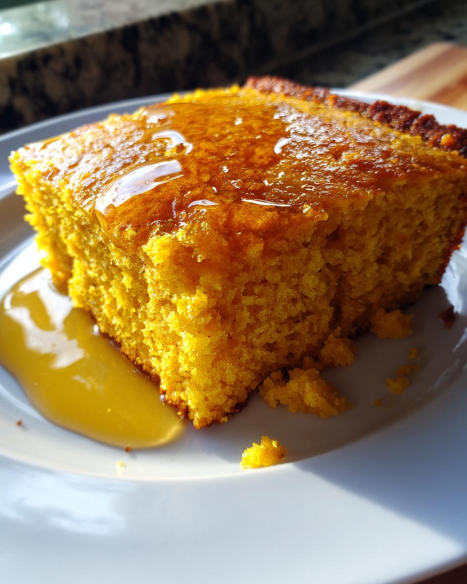 Close-up of a bright orange slice of sweet potato cornbread drizzled generously with honey on a white plate.