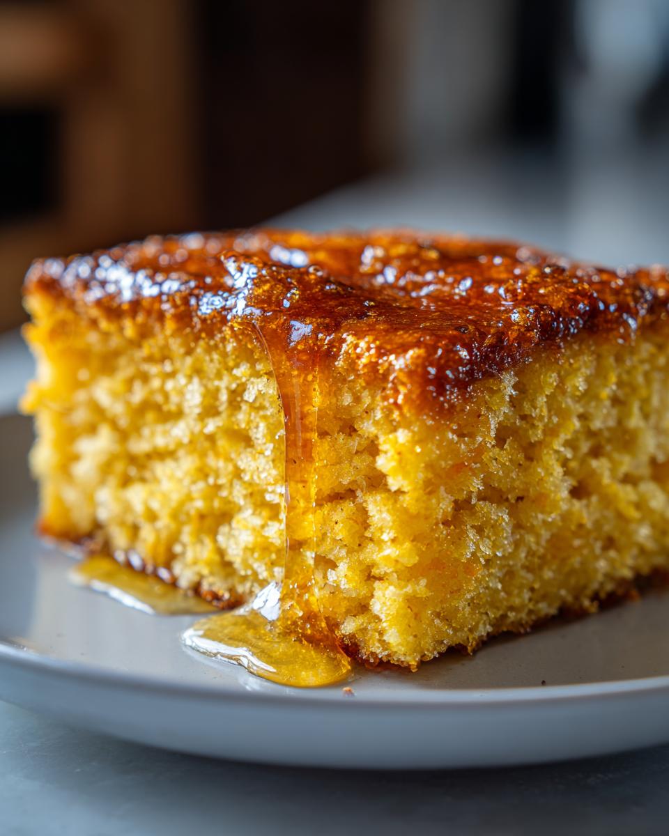 Close-up of a golden slice of sweet potato cornbread drizzled generously with honey.