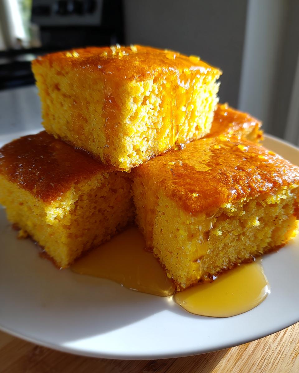 Close-up of three squares of moist, golden sweet potato cornbread stacked and drizzled heavily with honey.