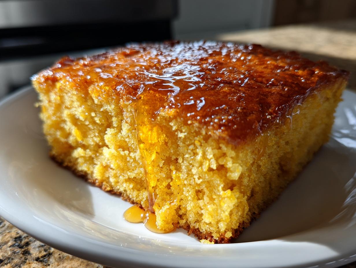A close-up of a square slice of moist, golden sweet potato cornbread drizzled generously with honey.