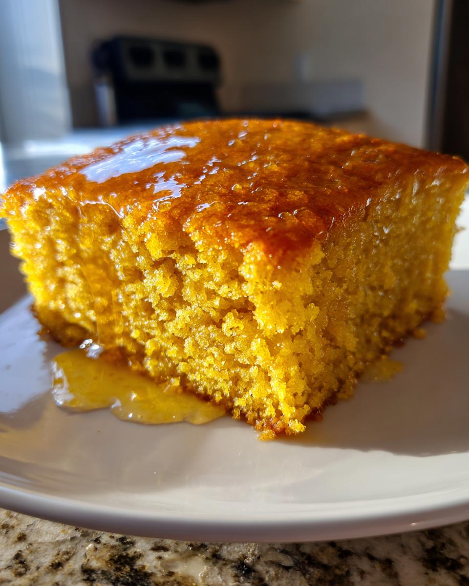 A close-up of a square slice of rich, orange sweet potato cornbread drizzled with a shiny glaze, sitting on a white plate.
