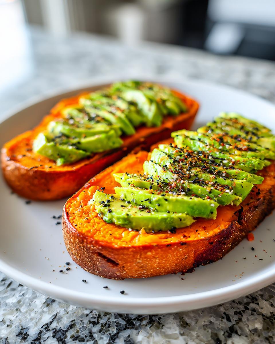 Two slices of bright orange sweet potato toast topped with sliced avocado and everything bagel seasoning.