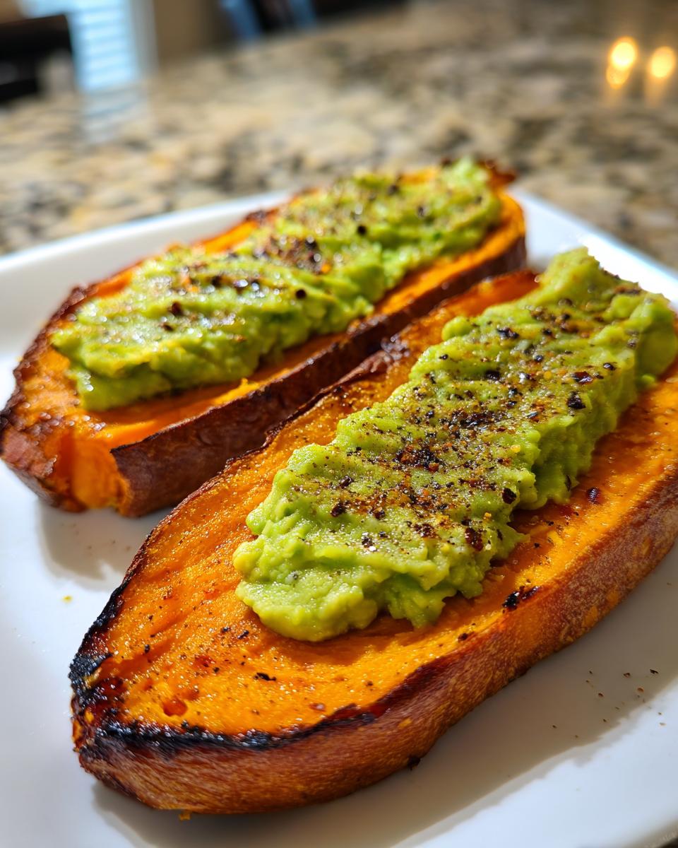 Two slices of toasted sweet potato toast topped with mashed avocado and seasoning.