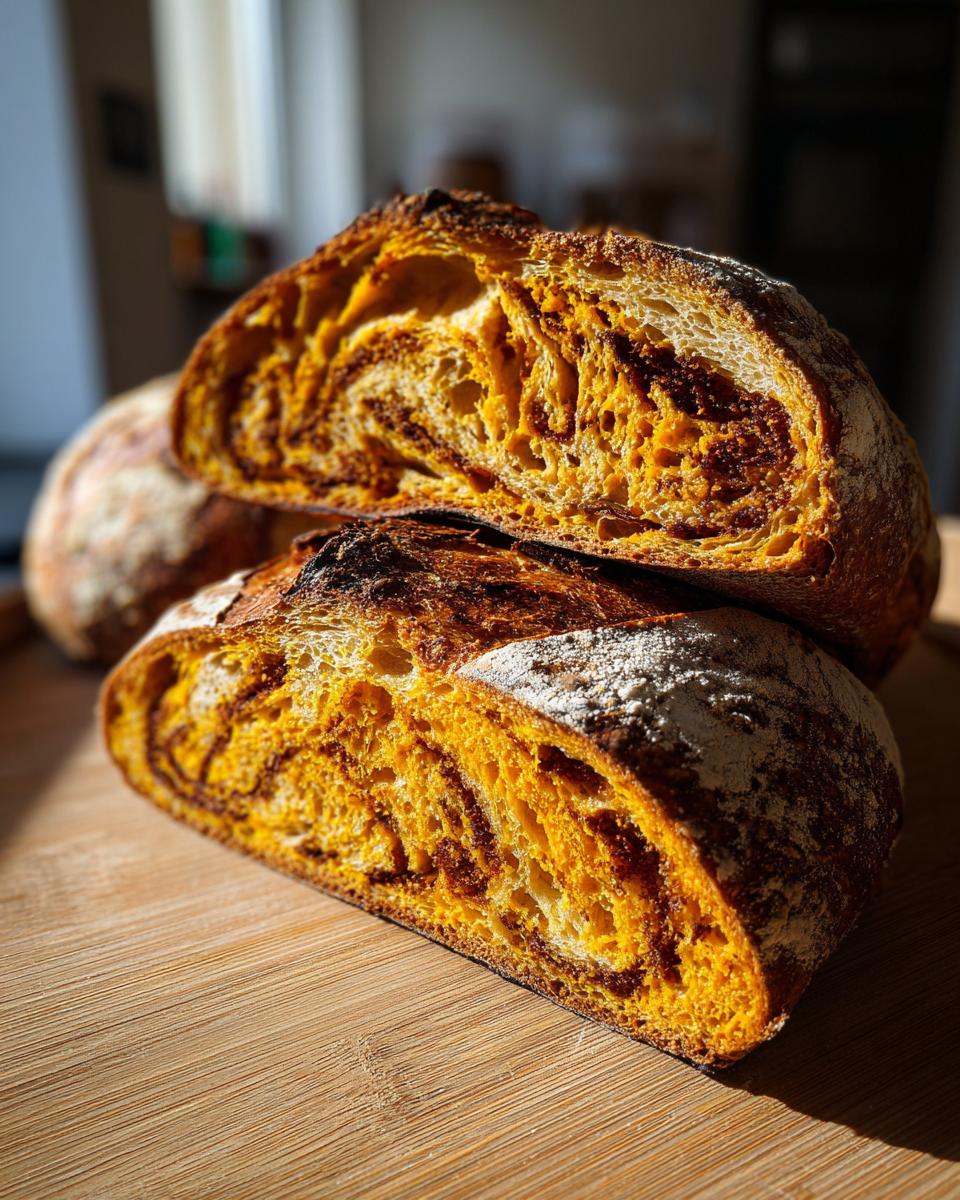 Cross-section of a vibrant orange pumpkin sourdough loaf showing a beautiful cinnamon swirl crumb structure.