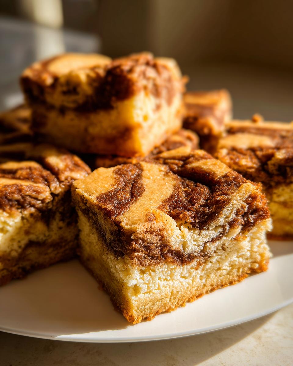 A stack of square snickerdoodle blondies featuring a distinct cinnamon swirl pattern on a white plate.