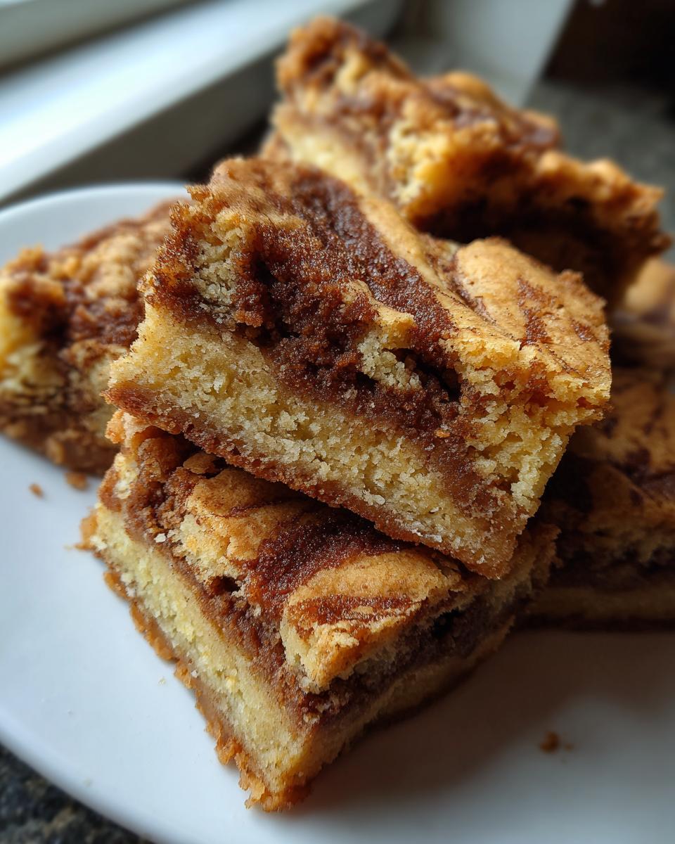 A stack of rich, chewy snickerdoodle blondies showing a distinct cinnamon swirl pattern.
