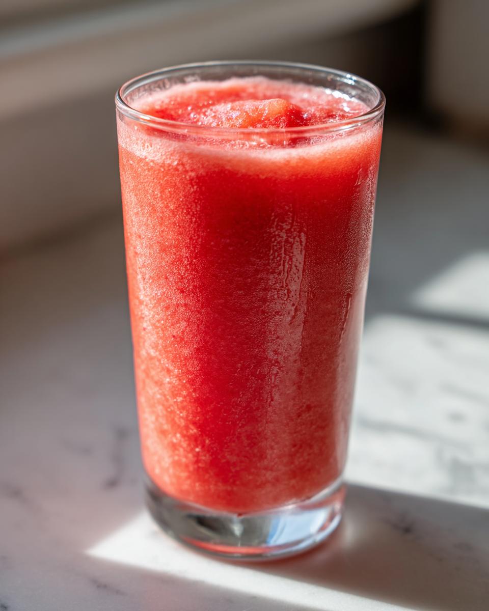 Close-up of a tall glass filled with bright red, icy watermelon smoothie, glistening in sunlight.