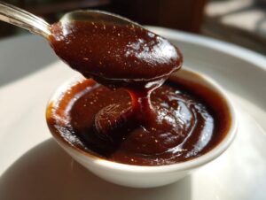 Close-up of thick, dark brown homemade apple butter being scooped from a small white bowl with a spoon.
