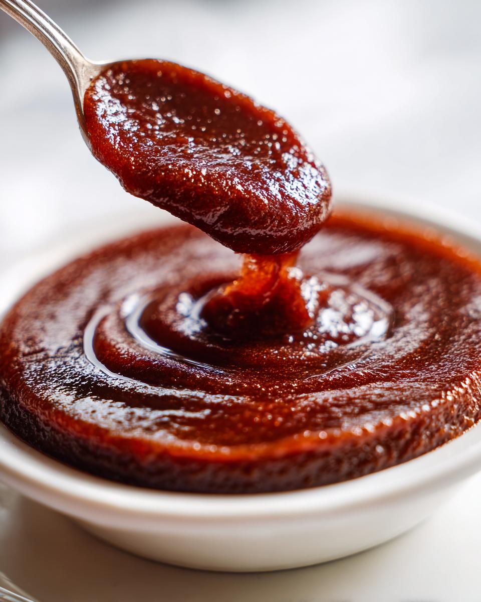 Close-up of thick, dark brown apple butter being scooped from a white bowl with a silver spoon.