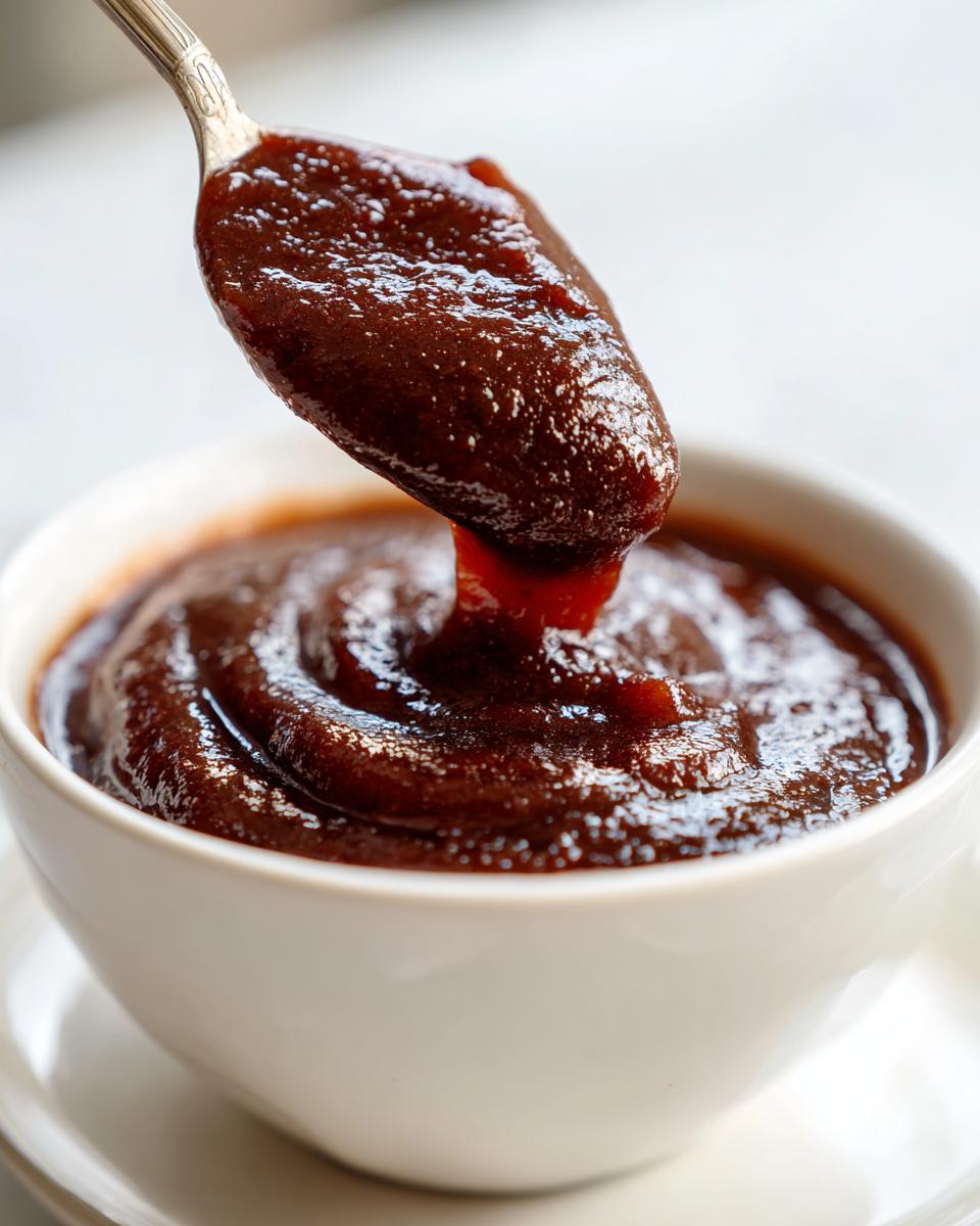 A spoonful of thick, dark brown homemade apple butter is lifted from a white bowl.
