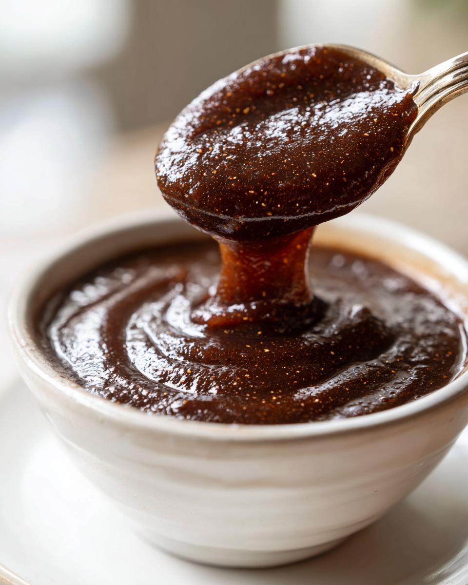 A close-up of thick, dark brown apple butter being scooped from a white bowl with a spoon.