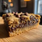 Close-up of a thick, gooey slice from a chocolate chip cookie cake recipe showing melted chocolate filling.