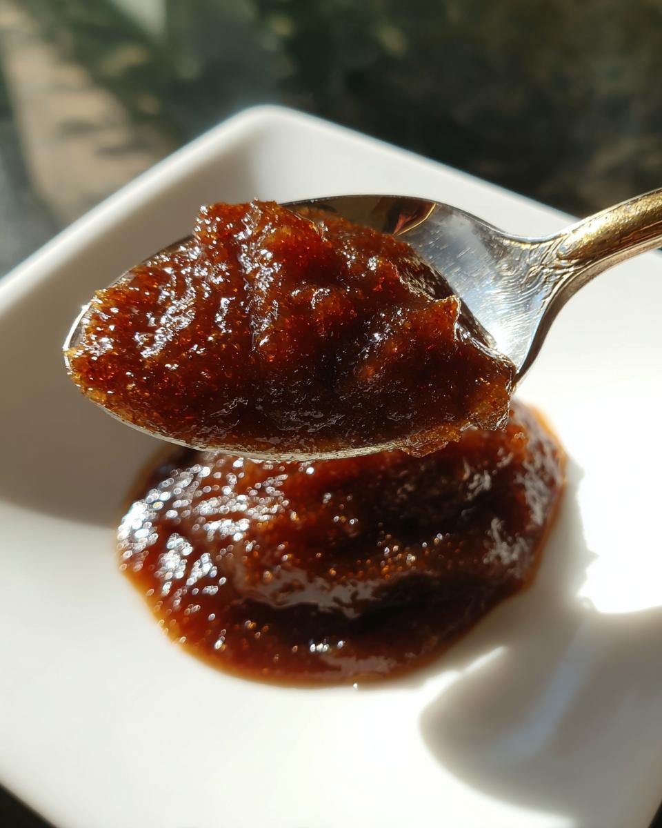 A spoonful of thick, dark brown homemade apple butter being lifted above a small dollop on a white dish.
