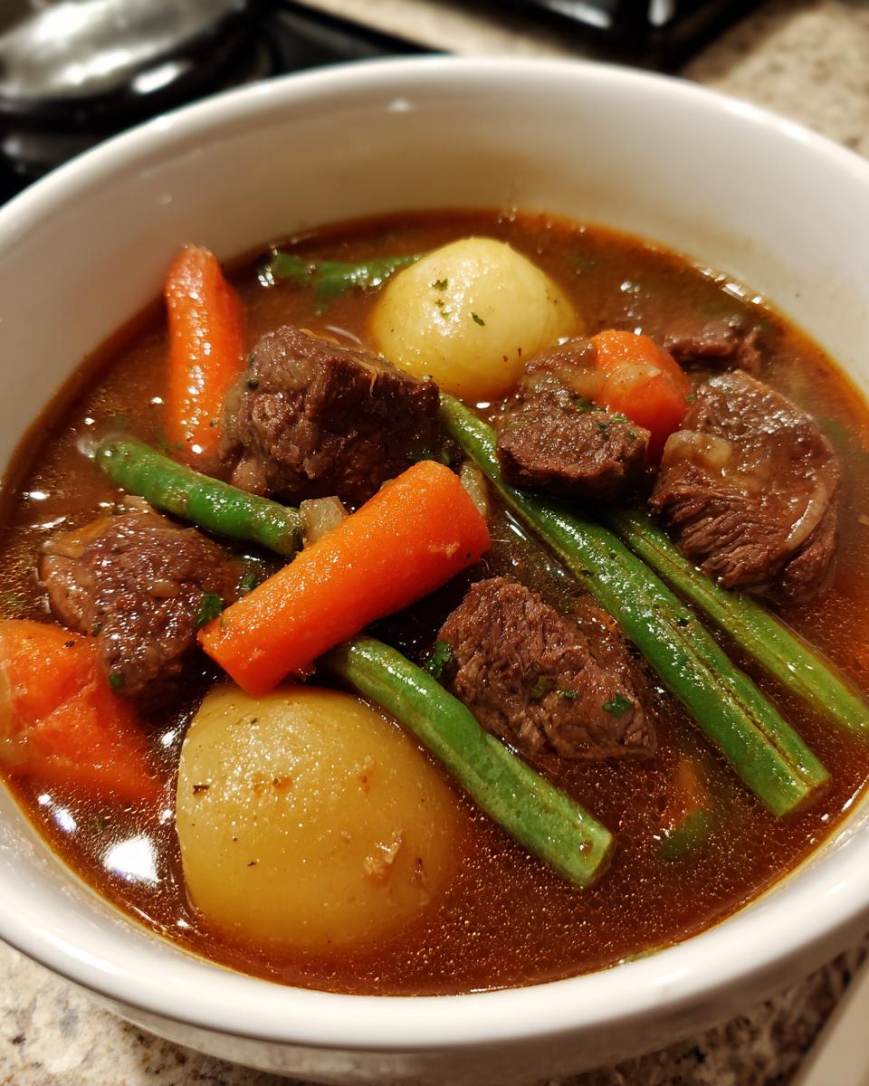 Close-up of a white bowl filled with rich vegetable beef soup featuring chunks of beef, carrots, green beans, and potatoes.