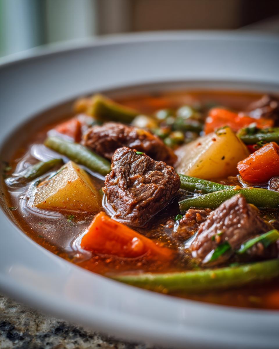 Close-up of tender beef chunks, carrots, potatoes, and green beans in rich broth of vegetable beef soup.