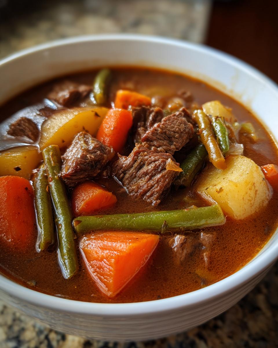 Close-up of a bowl filled with rich vegetable beef soup featuring chunks of beef, carrots, potatoes, and green beans.