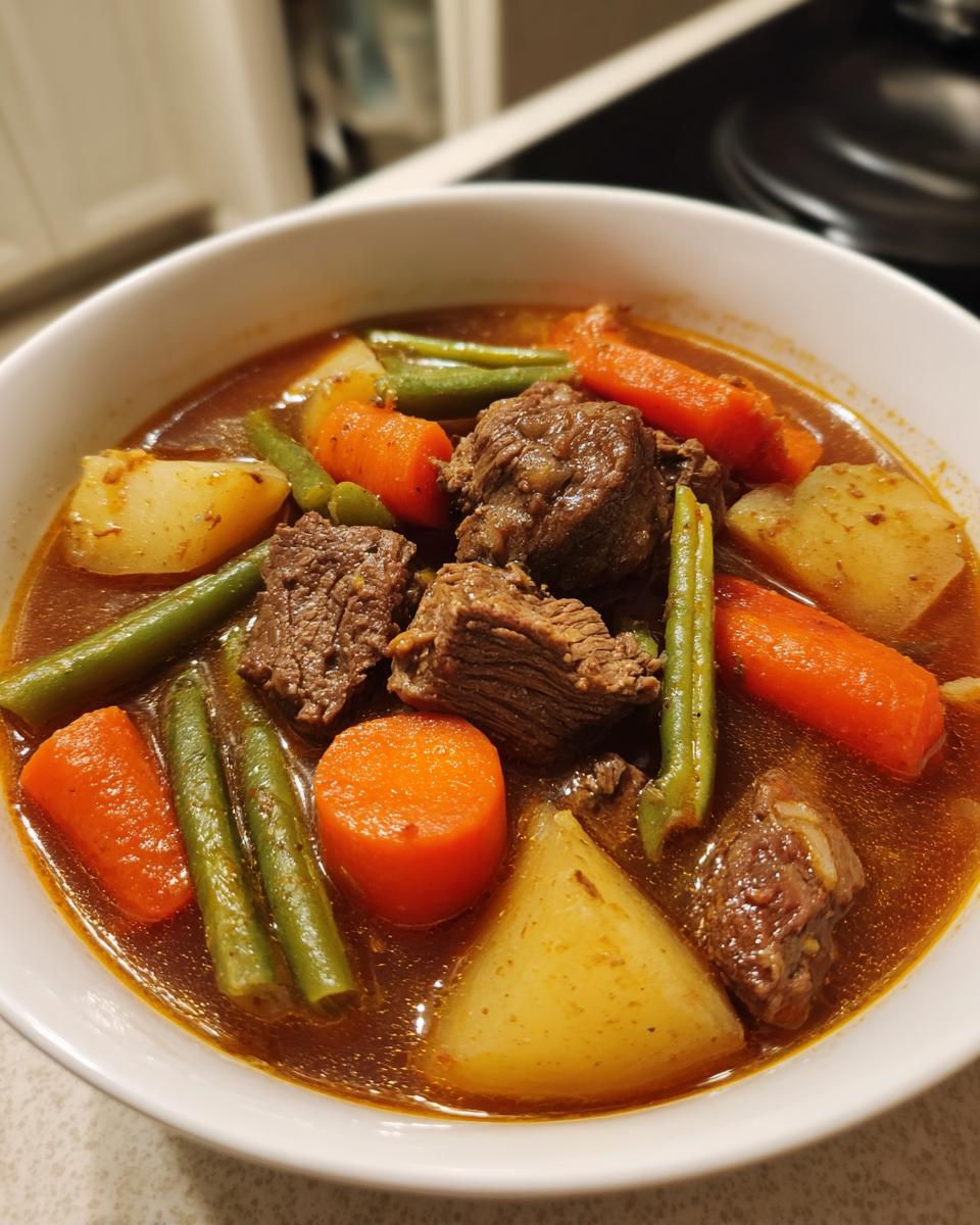 Close-up of a white bowl filled with rich vegetable beef soup, featuring chunks of beef, carrots, potatoes, and green beans.