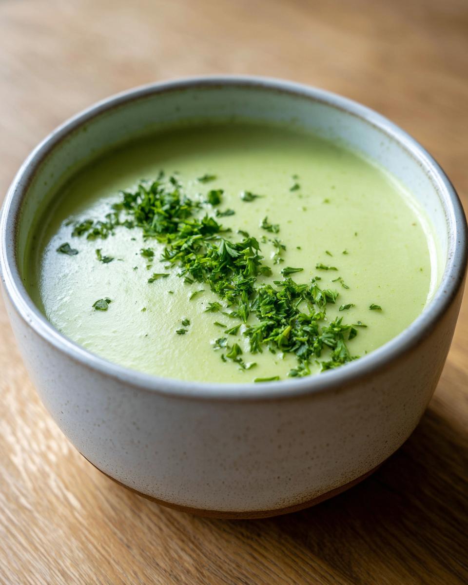 Close-up of a bowl of smooth, light green celery soup topped with chopped fresh parsley.