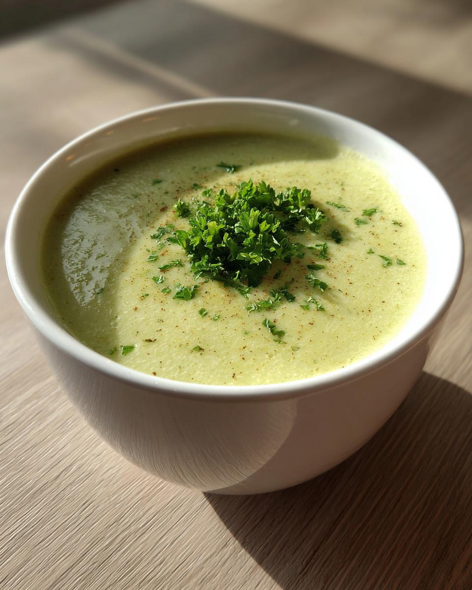 A close-up of a bowl of velvety celery soup, garnished with fresh chopped parsley and a sprinkle of pepper.