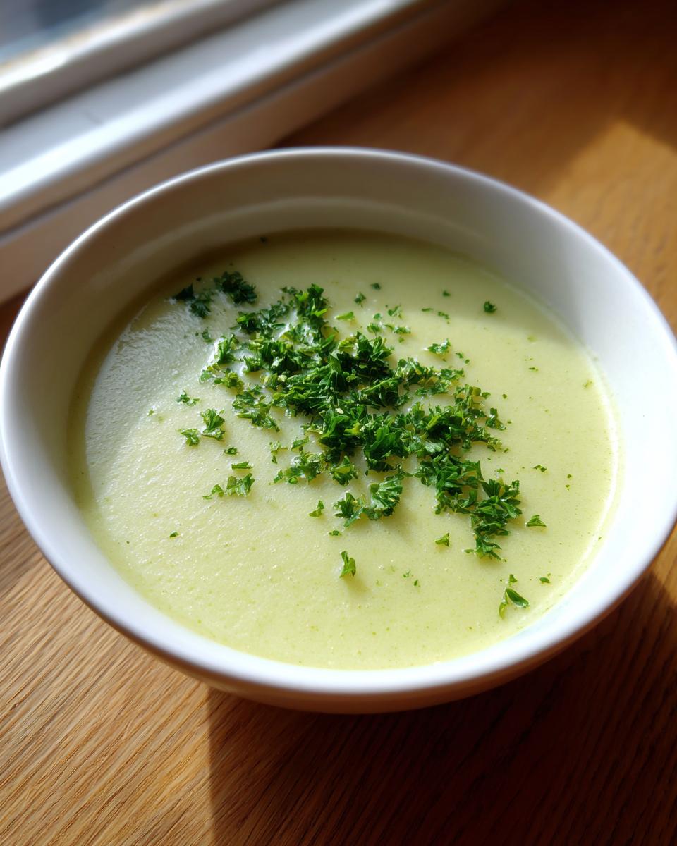 A close-up of a bowl of velvety, pale green celery soup topped with chopped fresh parsley.