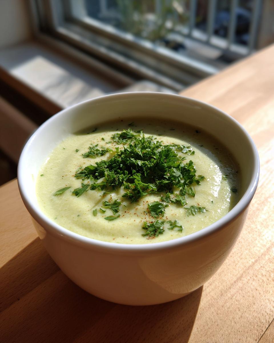 A close-up of a bowl of velvety celery soup, topped generously with fresh chopped parsley.