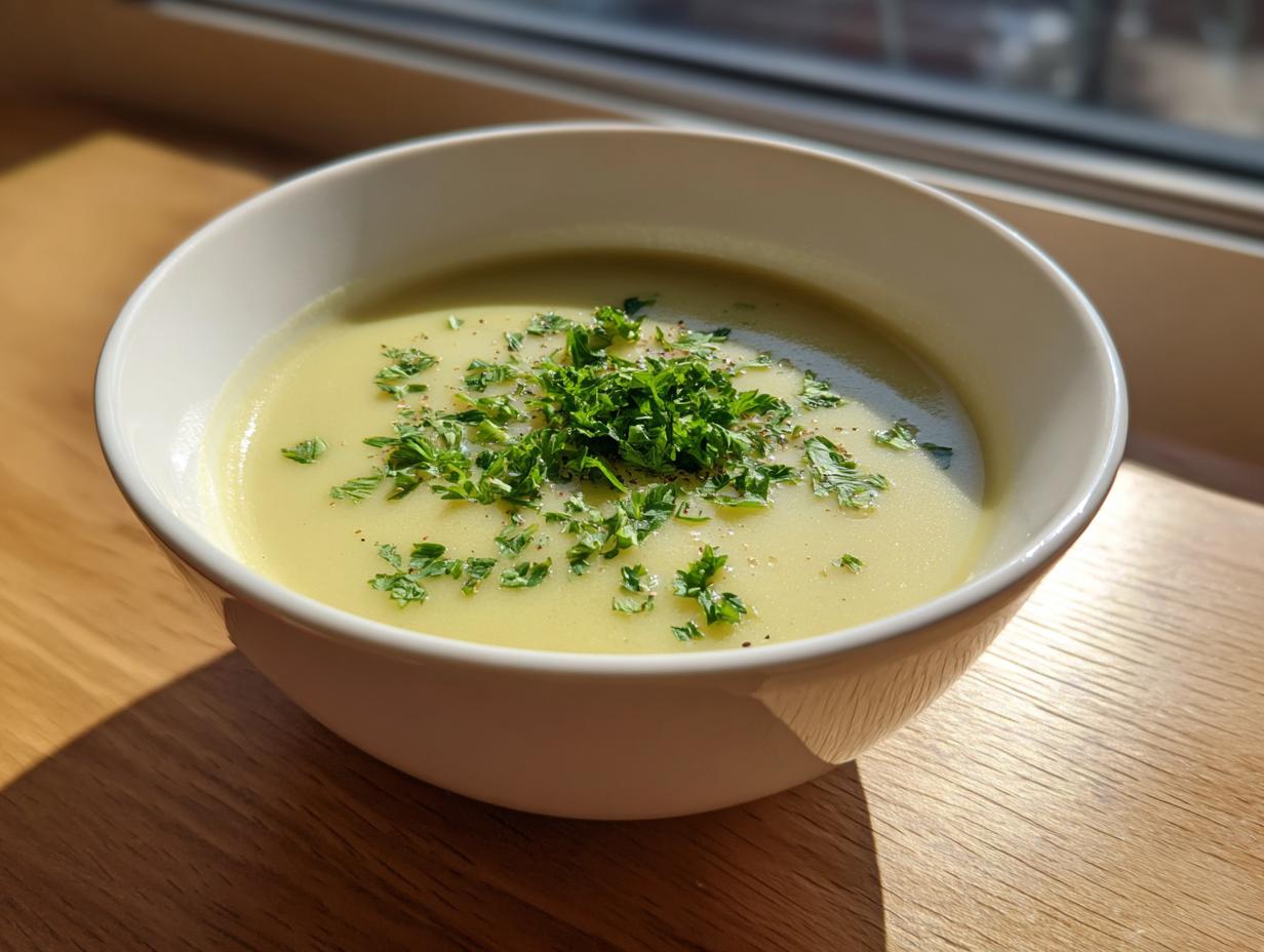 A close-up of a bowl of velvety celery soup, topped generously with fresh chopped parsley and black pepper.