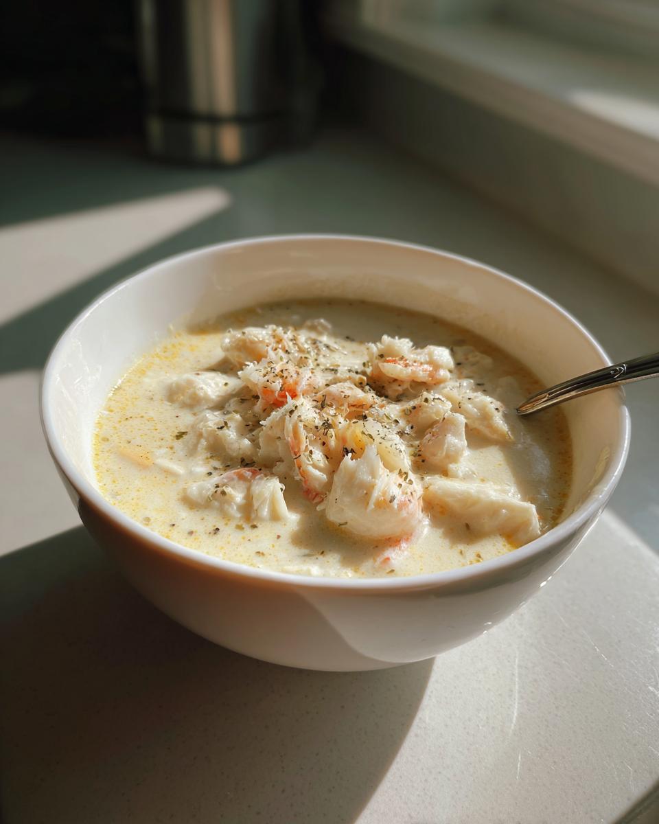 A close-up of a bowl of creamy, velvety crab soup topped generously with large flakes of white and pink crab meat.