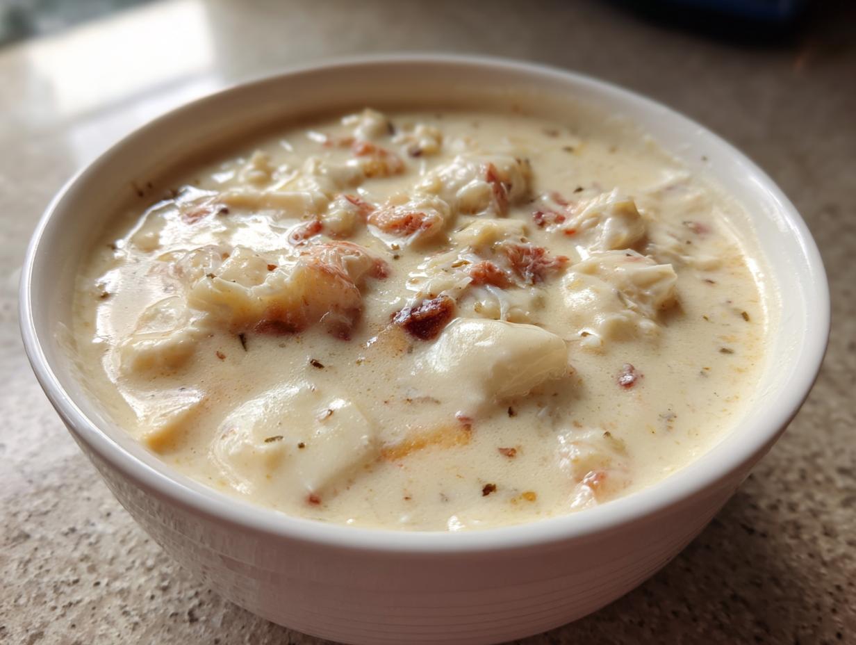 Close-up of a bowl of rich, velvety crab soup filled with chunks of white crab meat and herbs.