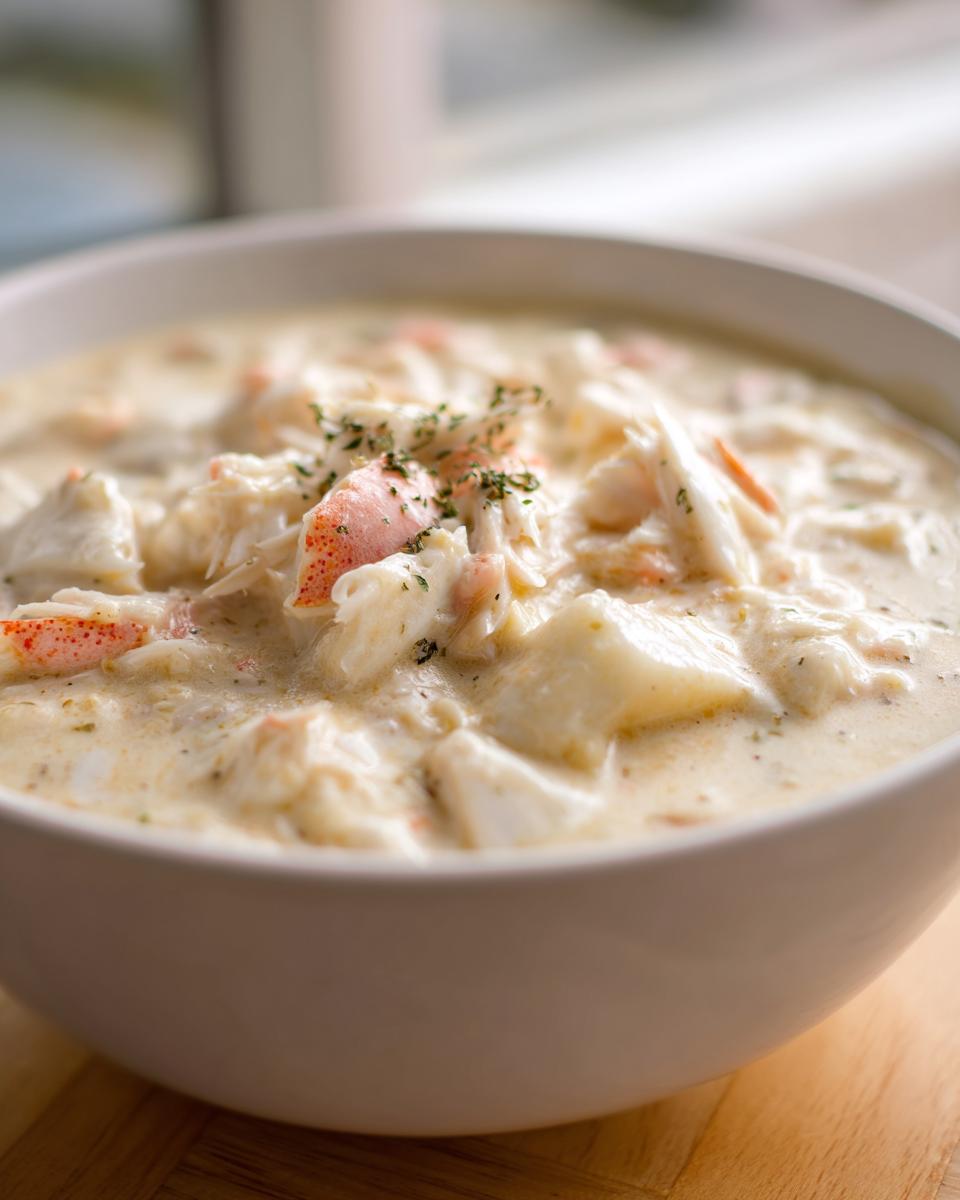 Close-up of a rich and velvety crab soup, loaded with chunks of white crab meat and garnished with herbs.