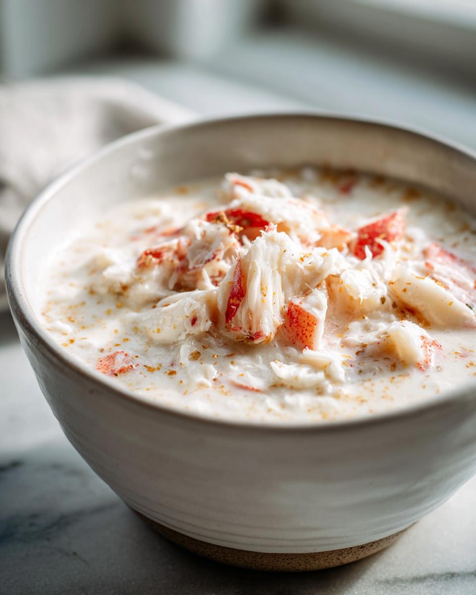 Close-up of a bowl of creamy, velvety crab soup generously topped with large chunks of white and red crab meat.