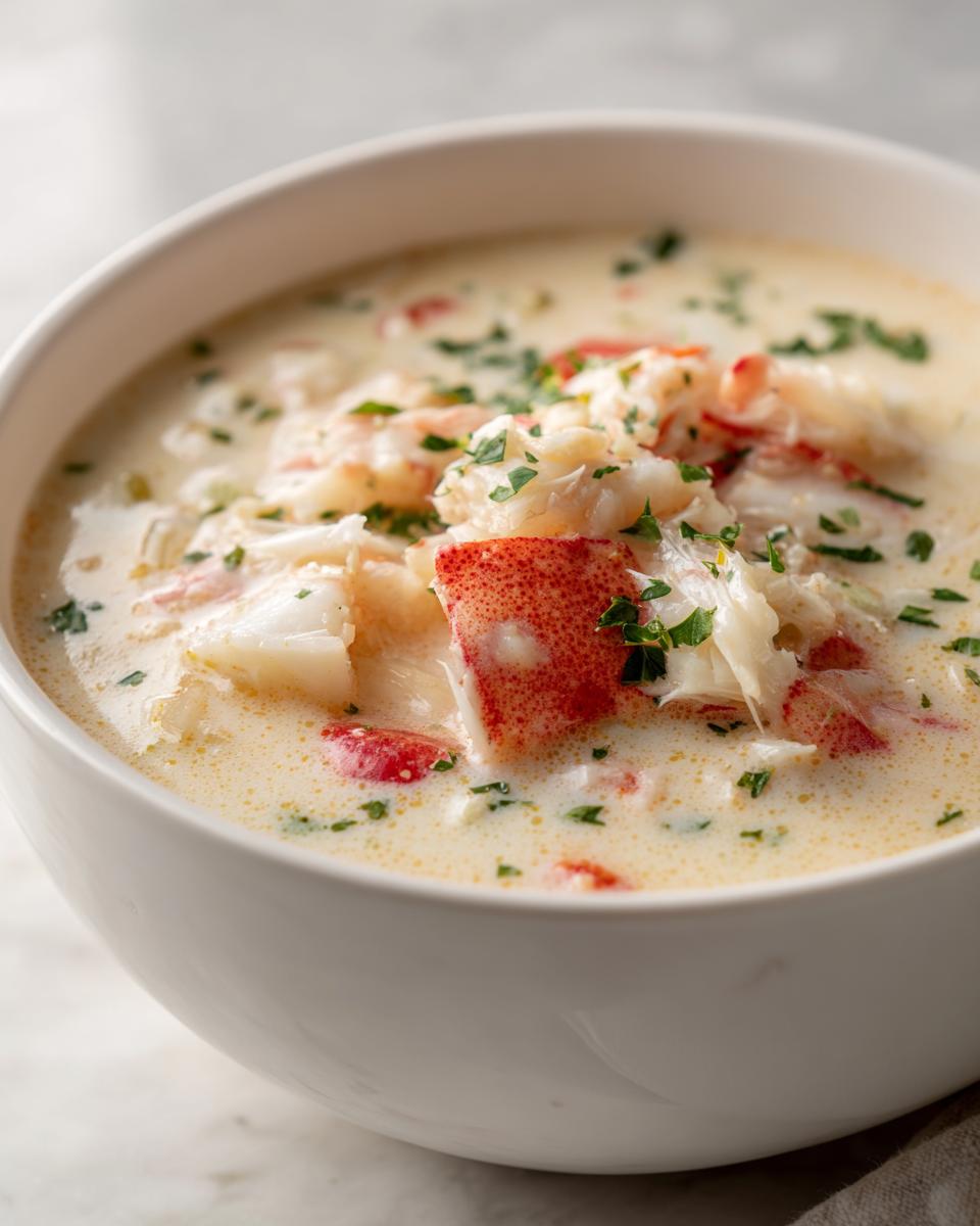 Close-up of a rich, creamy crab soup topped with generous chunks of white and red crab meat and fresh parsley.
