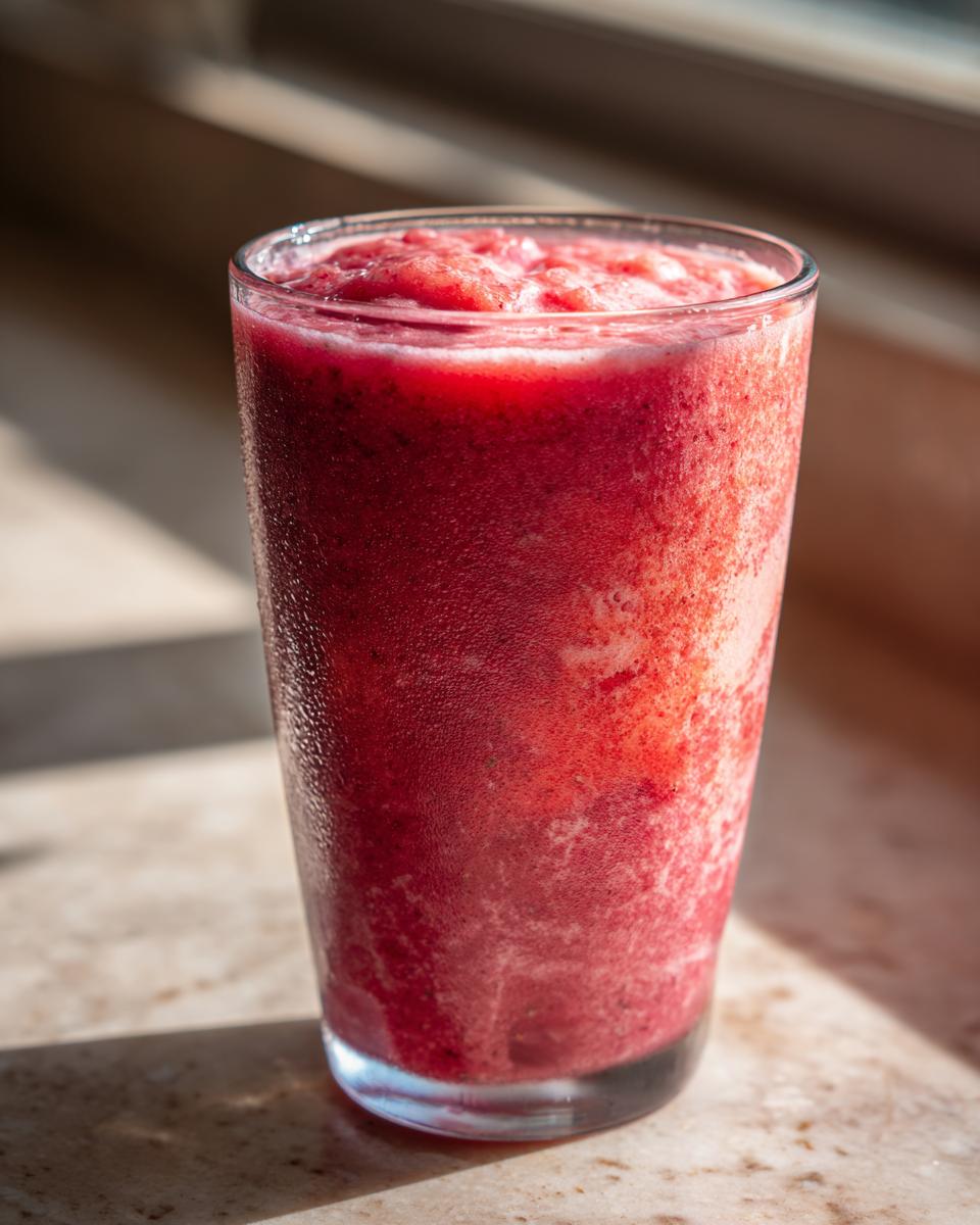 Close-up of a vibrant, frosty watermelon smoothie in a tall glass, glistening in sunlight.
