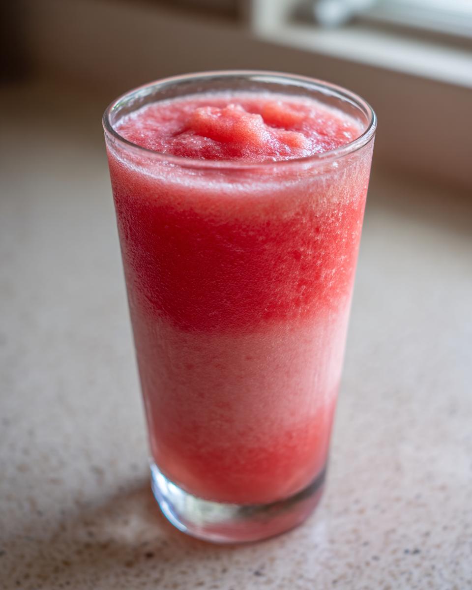 A tall glass filled with a bright red, icy watermelon smoothie, ready for refreshment.