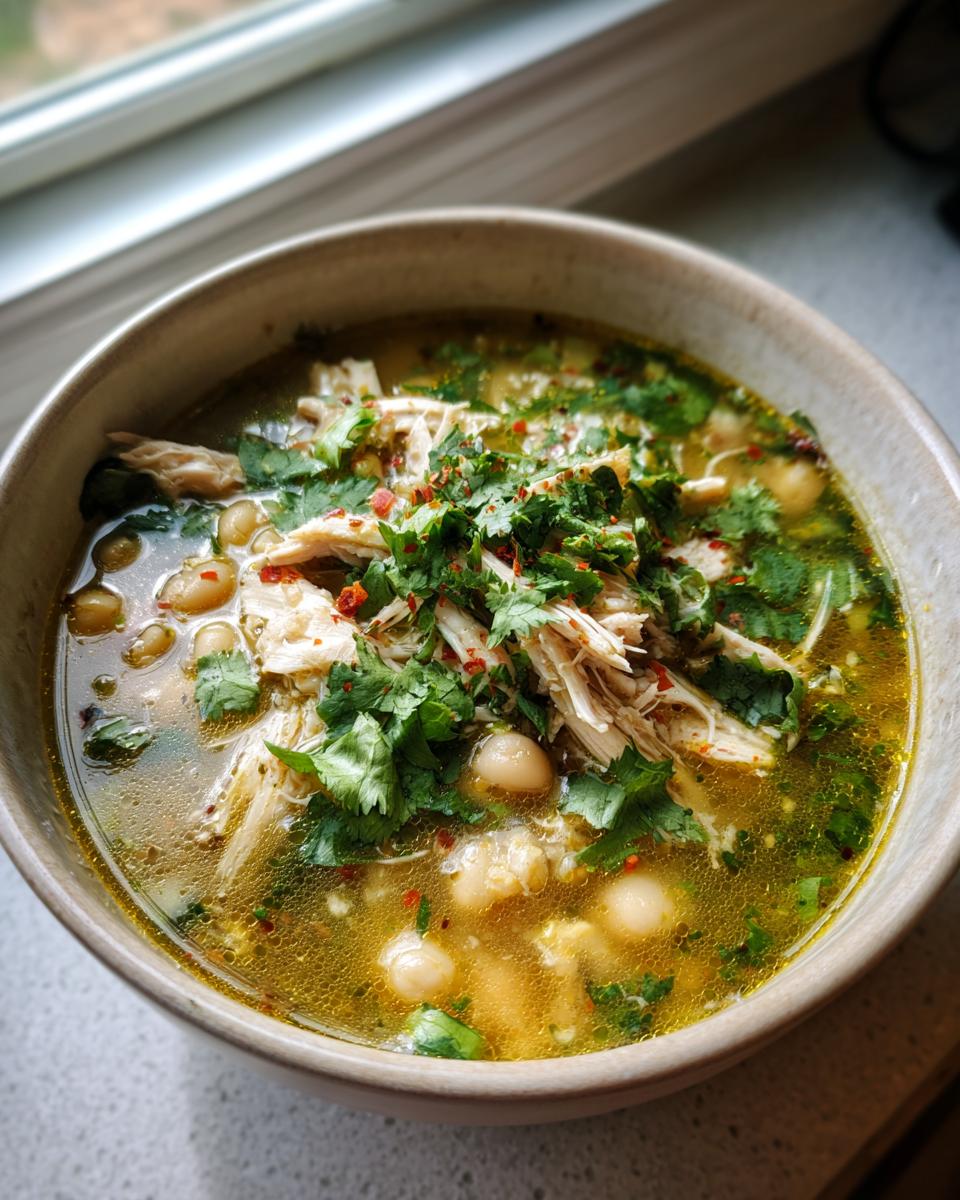A close-up of a bowl of white chicken pozole with hominy, shredded chicken, and fresh cilantro garnish.