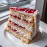 A tempting slice of white chocolate raspberry cake showing layers of white cake, cream, and bright red raspberry filling.