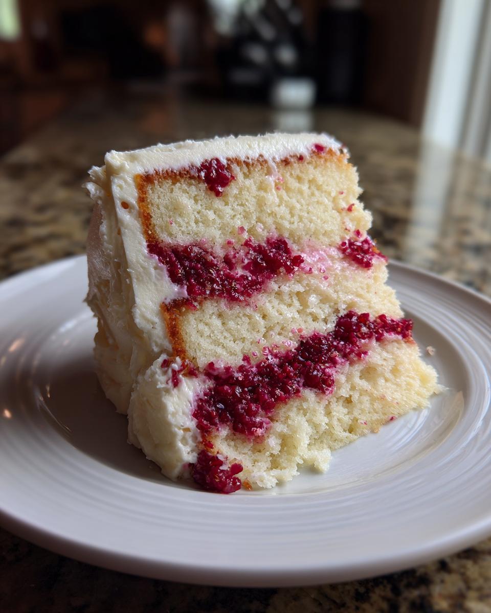 A moist slice of white chocolate raspberry cake showing layers of white cake, white frosting, and bright red raspberry filling.