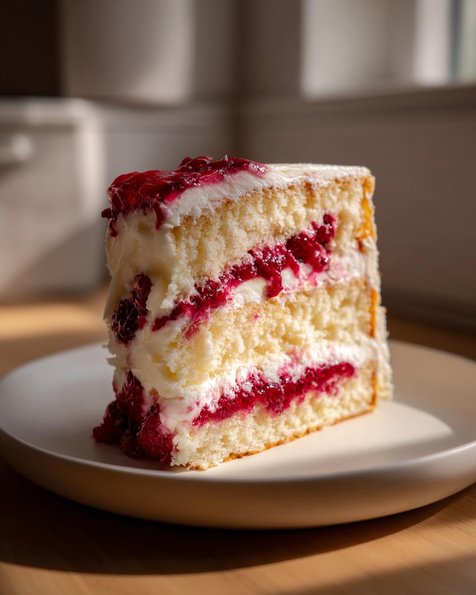 A tall slice of white chocolate raspberry cake featuring layers of vanilla sponge, white frosting, and bright red raspberry filling.